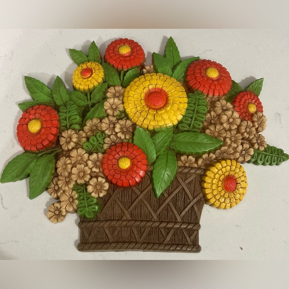 Vintage MCMLXXV USA Colorful Floral Basket Wall Accent Decor